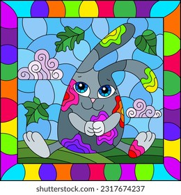 A stained glass illustration with a cute cartoon rabbit on a background of leaves and sky in a bright frame