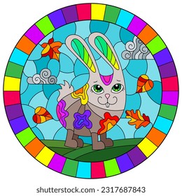 A stained glass illustration with a cute cartoon rabbit on a background of leaves and sky in a bright frame, round image