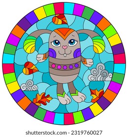 A stained glass illustration with a cute cartoon rabbit on a background of leaves and sky in a bright frame, round image