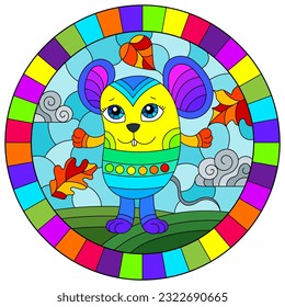 A stained glass illustration with a cute cartoon mouse on a background of leaves and sky, round image in a bright frame