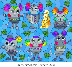 A stained glass illustration with a cute cartoon mice on a background of leaves and sky