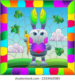 A stained glass illustration with a cute cartoon rabbit on a background of leaves and sky in a bright frame