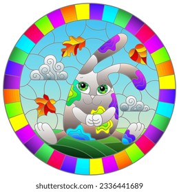 A stained glass illustration with a cute cartoon rabbit on a background of leaves and sky in a bright frame, round image
