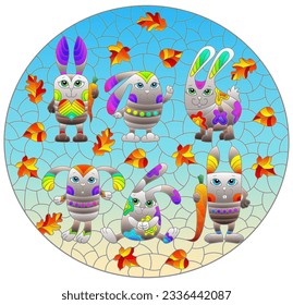 A stained glass illustration with a cute cartoon rabbits on a background of leaves and blue sky