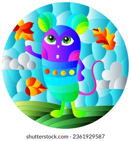 A stained glass illustration with a cute cartoon mouse on a background of leaves and sky, round image 