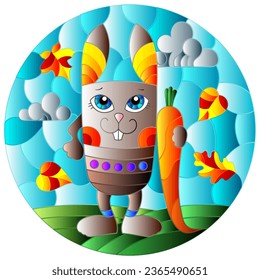 A stained glass illustration with a cute cartoon rabbit on a background of leaves and sky , round image