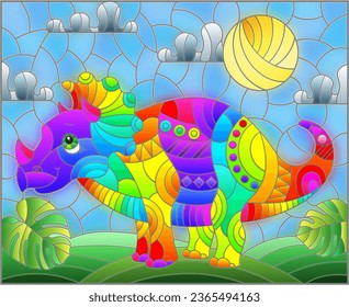 A stained glass illustration with a cute cartoon dinosaur on the background of fields and sky