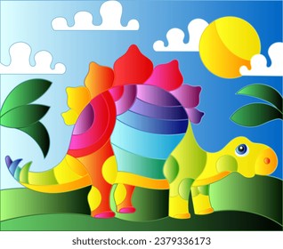 A stained glass illustration with a cute cartoon dinosaur on the background of fields and sky