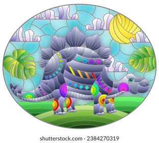 A stained glass illustration with a cute cartoon dinosaur on the background of fields and sky, oval image