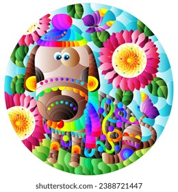 A stained glass illustration with a cute cartoon dog on a background of flowers, meadows and sky