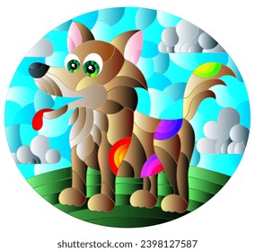 A stained glass illustration with a cute cartoon dog in a meadow against a cloudy sky, oval image