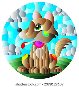 A stained glass illustration with a cute cartoon dog in a meadow against a cloudy sky, oval image