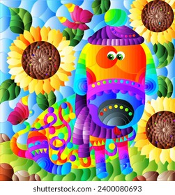 A stained glass illustration with a cute cartoon dog on a background of sunflowers, meadows and sky