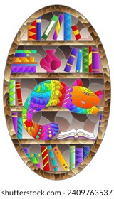 A stained glass illustration with a cute cartoon cat sleeping on bookshelves, oval image