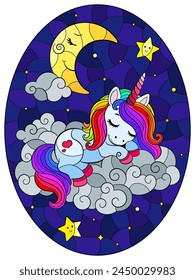 A stained glass illustration with a cute cartoon unicorn sleeping on a cloud and a moon on a starry sky background, oval image