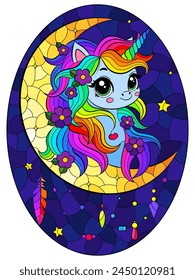 A stained glass illustration with a cute cartoon unicorn and a moon on a starry sky background, oval image
