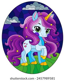 A stained glass illustration with a cute cartoon unicorn on a cloudy sky background