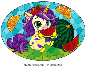 A stained glass illustration with a cute cartoon unicorn and fruits on a cloudy sky background