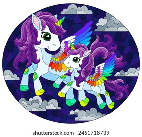 A stained glass illustration with a cute cartoon unicorns on a cloudy sky background