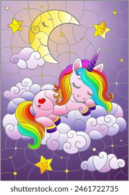 A stained glass illustration with a cute cartoon unicorn sleeping on a cloud and a moon on a starry sky background