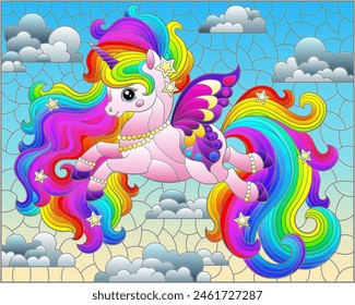 A stained glass illustration with a cute cartoon unicorn on a cloudy sky background
