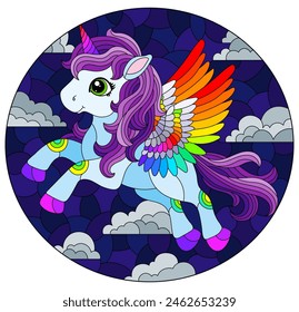 A stained glass illustration with a cute cartoon unicorn on a cloudy sky background