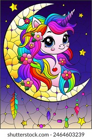 Una ilustración de vitral con un lindo unicornio de dibujos animados y una luna sobre un fondo de cielo estrellado