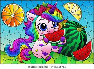 A stained glass illustration with a cute cartoon unicorn and fruitson a  sky background 
