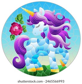 A stained glass illustration with a cute cartoon unicorn on a cloudy sky background