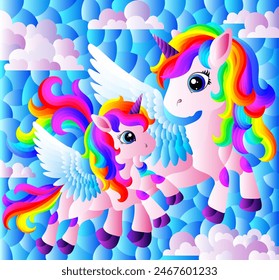 A stained glass illustration with a cute cartoon unicorns on a cloudy sky background