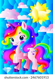 A stained glass illustration with a cute cartoon unicorn on a cloudy sky background