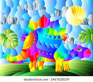 A stained glass illustration with a cute cartoon dinosaur on the background of fields and sky