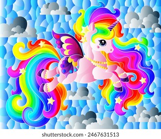 A stained glass illustration with a cute cartoon unicorn on a cloudy sky background