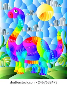 A stained glass illustration with a cute cartoon dinosaur on the background of fields and sky