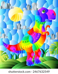 A stained glass illustration with a cute cartoon dinosaur on the background of fields and sky