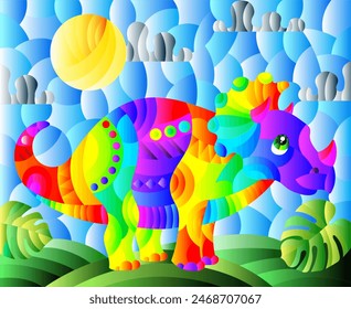 A stained glass illustration with a cute cartoon dinosaur on the background of fields and sky