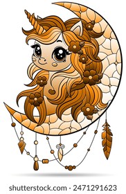 Stained glass illustration with cute cartoon unicorn and the moon, animal isolated on a white background, tone brown