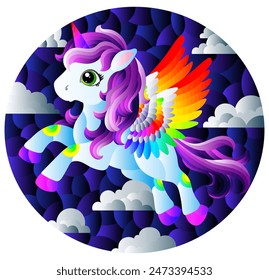 A stained glass illustration with a cute cartoon unicorn on a cloudy sky background