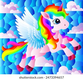 A stained glass illustration with a cute cartoon unicorn on a cloudy sky background