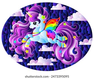 A stained glass illustration with a cute cartoon unicorn on a cloudy sky background