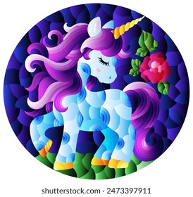 A stained glass illustration with a cute cartoon unicorn on a cloudy sky background