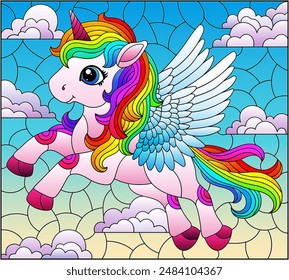 A stained glass illustration with a cute cartoon unicorn on a cloudy sky background