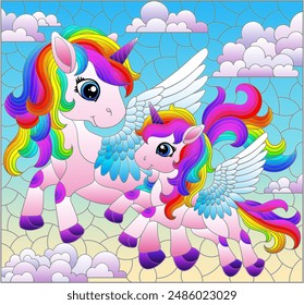 A stained glass illustration with a cute cartoon unicorns on a cloudy sky background