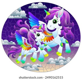 A stained glass illustration with a cute cartoon unicorns on a cloudy sky background