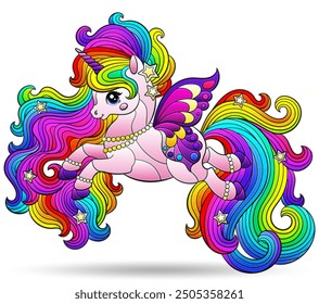 Ilustración de vitrales con lindo unicornio de dibujos animados, animal aislado sobre un fondo blanco