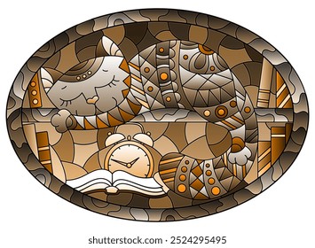 A stained glass illustration with a cute cartoon cat sleeping on bookshelves, oval image, tone brown