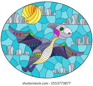 A stained glass illustration with a cute cartoon dinosaur on the background of cloudy sky and sun