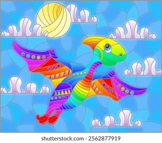 A stained glass illustration with a cute cartoon dinosaur on the background of cloudy sky and sun