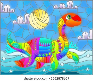 A stained glass illustration with a cute cartoon dinosaur on the background of fields and sky