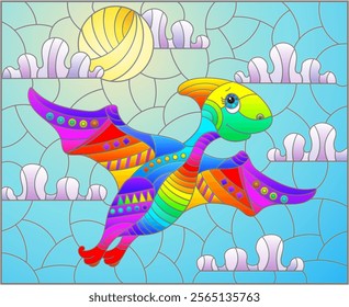 A stained glass illustration with a cute cartoon dinosaur on the background of cloudy sky and sun